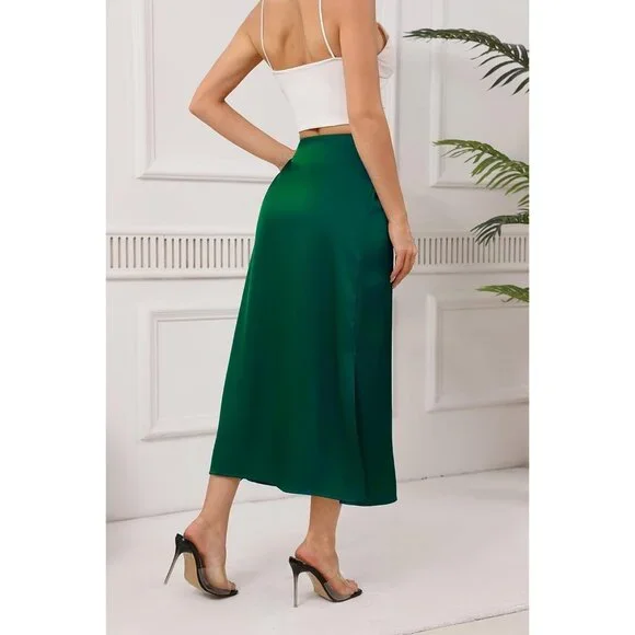 Women's Green Satin Elastic Silk Slip A Line Flowy Ruffle Cocktail Midi Skirt